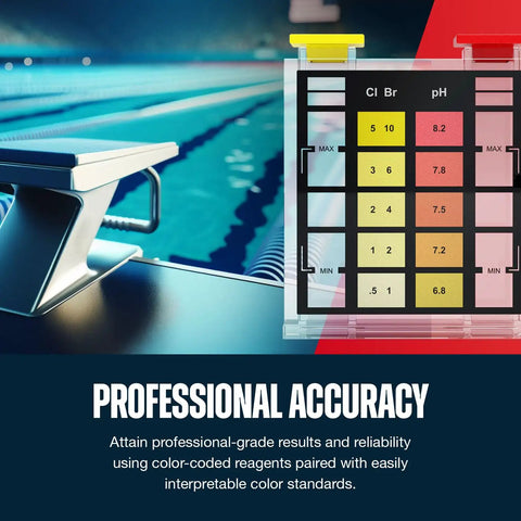 No Sweat Three Way Pool And Spa Water Testing Kit for fast chlorine bromine pH balance, showing color-coded test strips and pool backdrop.