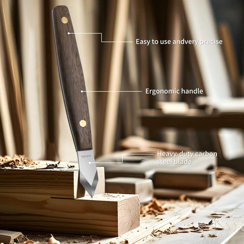 Badass Woodworking Marking Knife Built Tough With A Razor Sharp Double Bevel Blade And Slick Leather Sheath For Precise Layout Marks Whittling And Fine Wood Carving Done Right, showcasing ergonomic handle and carbon steel blade.
