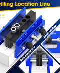 Upgrade Pro Grade Self Centering Doweling Jig Kit with six drill guide bushings in blue, showing adjustable width for precise woodworking