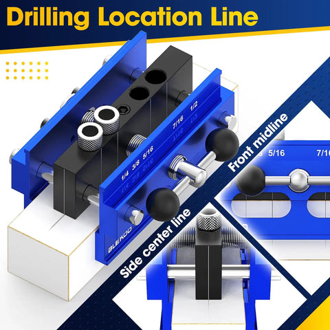 Upgrade Pro Grade Self Centering Doweling Jig Kit with six drill guide bushings in blue, showing adjustable width for precise woodworking