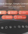 Buttons and controls of Ellipse Ceramic Tabletop Heater With Tip-Over Switch And Child Lock Digital Display Thermostat Auto Eco Mode
