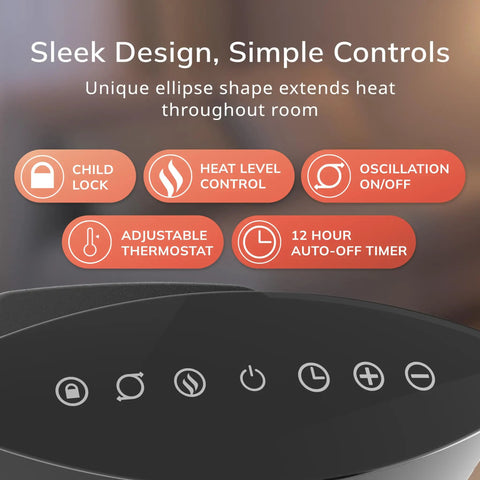 Buttons and controls of Ellipse Ceramic Tabletop Heater With Tip-Over Switch And Child Lock Digital Display Thermostat Auto Eco Mode