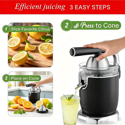 Heavy Duty Electric Citrus Juicer Press With Two Cones For Fresh Orange And Lemon Juice in kitchen setting with hand pressing