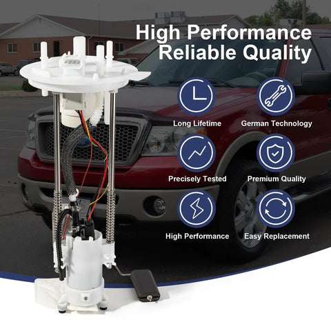 Electric Fuel Pump Assembly With Sending Unit And O Ring For Ford F150 2004 Through 2008 V6 4.2L V8 4.6L 5.4L And Lincoln Mark LT 2006 Through 2008 V8 5.4L Replacement With E2434M And E2441M Drop In Ready product image with overlay text highlighting features.