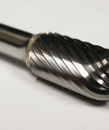 Close-up of 3/8 Inch SC-3 Ball Nose Cylinder Bur Single Cut Solid Carbide Rotary Tool Bit for precision metalworking.