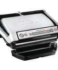 T-Fal OptiGrill Indoor Panini Press With Smart Sensor Tech, silver finish, auto cooking controls, ideal for home kitchens.
