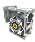 Rv030 Worm Gearbox Coupled With Nema23 Stepper Motor And Dm556 Driver Kit For Precision Cnc Builds And Shoot Straight Gear Reduction Without Any Jitter Or Drama - close-up of silver aluminum worm gearbox.