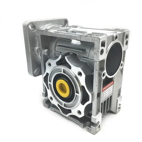 Rv030 Worm Gearbox Coupled With Nema23 Stepper Motor And Dm556 Driver Kit For Precision Cnc Builds And Shoot Straight Gear Reduction Without Any Jitter Or Drama - close-up of silver aluminum worm gearbox.
