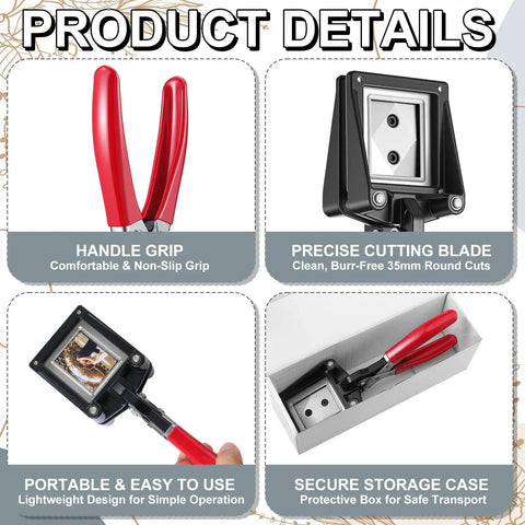 61 Piece Handheld Keychain Making Kit With 1.38x1.77 Inch Square Cutter and storage case, showing handle grip, cutting blade.