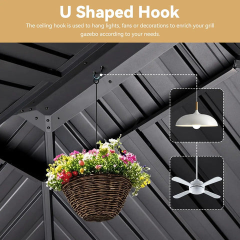 Ceiling hook with decorative basket in 8x6 Grill Gazebo With Double Galvanized Steel Roof Hardtop Canopy Side Shelves And Ceiling Hook