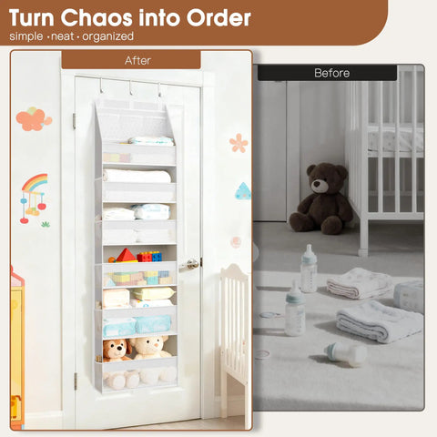 Closet Game Changer Six Shelf Over The Door Fabric Organizer Thickened Non Woven Hanging Storage With Tough Hooks displaying children's toys and blankets.