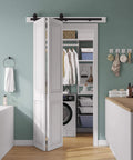 40 Inch Bifold Sliding Barn Door Hardware Kit For Double 18 Inch Doors, Top Mount Bi Folding Track Set, in a laundry room