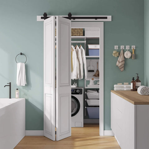 40 Inch Bifold Sliding Barn Door Hardware Kit For Double 18 Inch Doors, Top Mount Bi Folding Track Set, in a laundry room