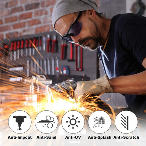 Man wearing 36 Pcs Dope Scratch Resistant Safety Glasses Set With Polycarbonate Lenses Protective Goggles Eyewear for Work and DIY Projects in workshop.