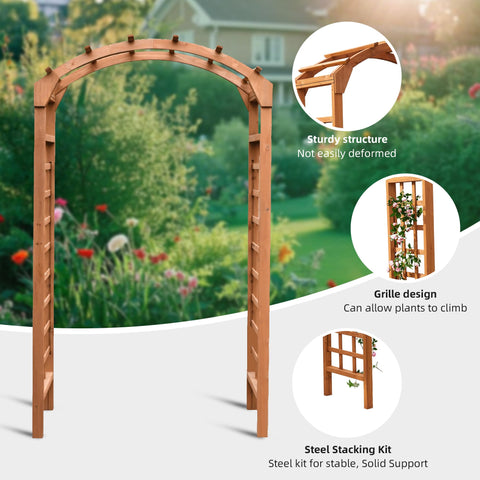 Solid Fir Wood Garden Arch Trellis For Climbing Plants in garden setting with grille design and steel stacking kit details