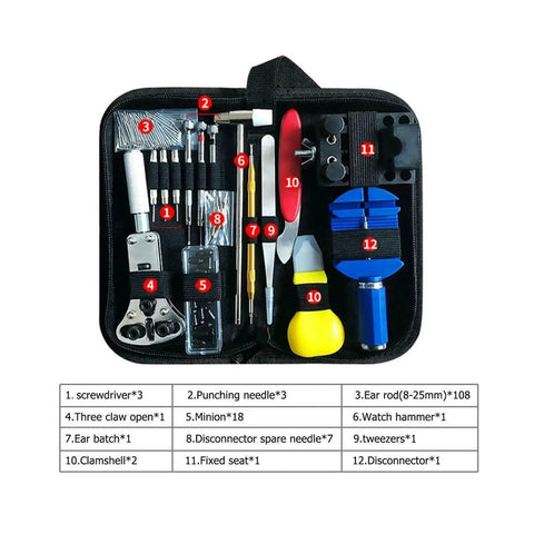 All In One Watch Repair Toolkit For Quick Fixes And Strap Swaps With Back Case Opener Link Pin Remover Spring Bar Remover Replacement Strap Tools And Needle Set 147 Piece Pro Grade Watch Maintenance Kit with tools arranged in a case