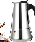 2 Cup Stovetop Espresso Maker Stainless Steel Moka Pot For Home Or Camp, induction ready, brewing coffee next to coffee beans.
