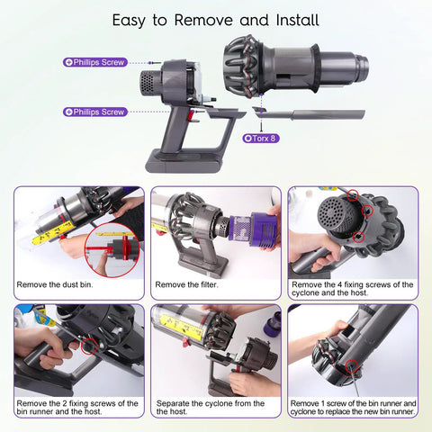 Cyclone Baffle Bin Runner Replacement for 8 Inch Dust Bin Vacuum Cleaners installation steps shown with tools and parts.