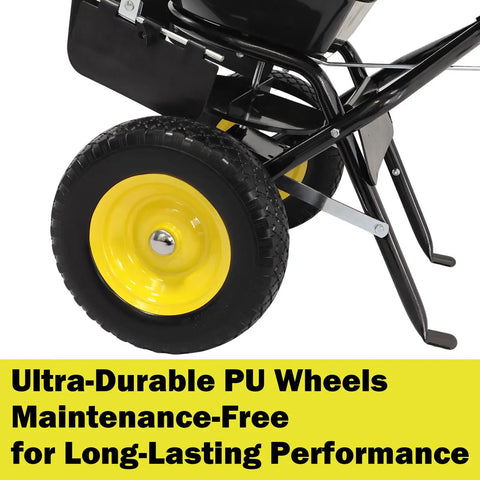 Close-up of walk behind broadcast spreader with 13 inch all terrain solid tires showcasing ultra-durable PU wheels.
