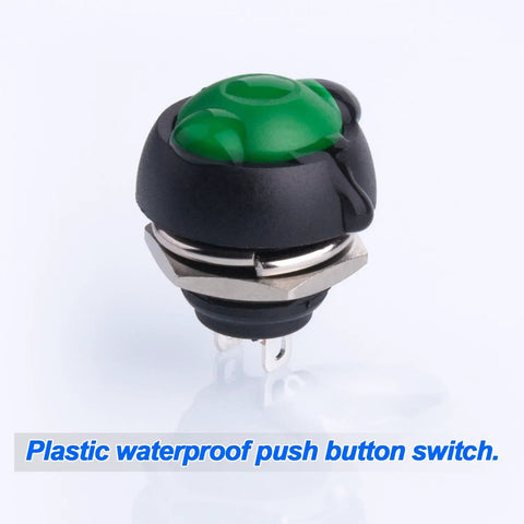 Close-up of green 12Mm Waterproof Momentary Push Button Switch from 15 pack with screw clamp terminals visible.