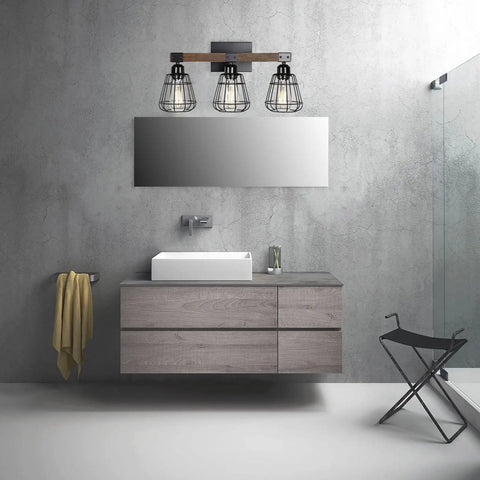 Must Have Farmhouse Vanity Light For Bathroom With Three Lights Rustic Wood And Matte Black Industrial Wall Fixture Over Mirror