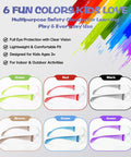 Rad 6 Pack Kids Safety Glasses Youth Protective Eyewear ANSI Z87 Certified in green, red, black, brown, blue, and purple colors.