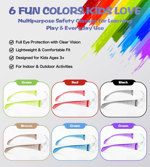 Rad 6 Pack Kids Safety Glasses Youth Protective Eyewear ANSI Z87 Certified in green, red, black, brown, blue, and purple colors.