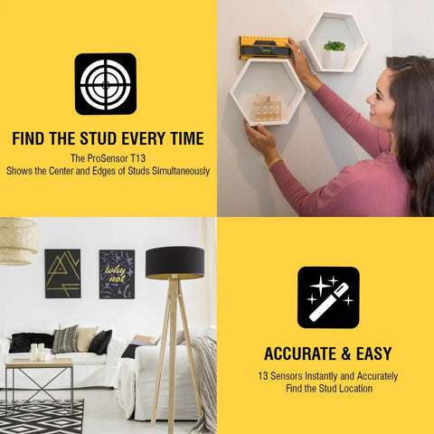 Person using the ProSensor T13 13 Sensor Stud Finder For Wood And Metal Walls DIY Friendly High Accuracy Wall Scanner with Built In Bubble Level