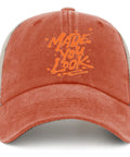 Front view of saffron Look Cool Trucker Hat For Men And Women Funny Humor Cap with breathable ventilated mesh and top air hole.