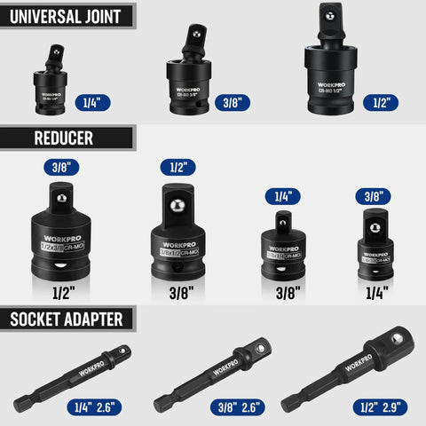 Pro Grade Impact Socket Adapters And Reducers Kit With Universal Joints And Drill Adapters, One Quarter Inch, Three Eighths Inch And One Half Inch Drive, Case Included, Perfect For Automotive Repairs And Home DIY displayed.