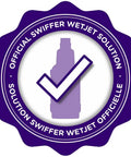 Swiffer WetJet official solution badge with bottle image, representing WetJet Multi Purpose Floor Cleaner Solution With Febreze Refill For Hardwood Floors Lavender Scent Safe For All Sealed Floors Quick Drying 1.25 Liter 42.2 Fl Oz Pack Of 2.