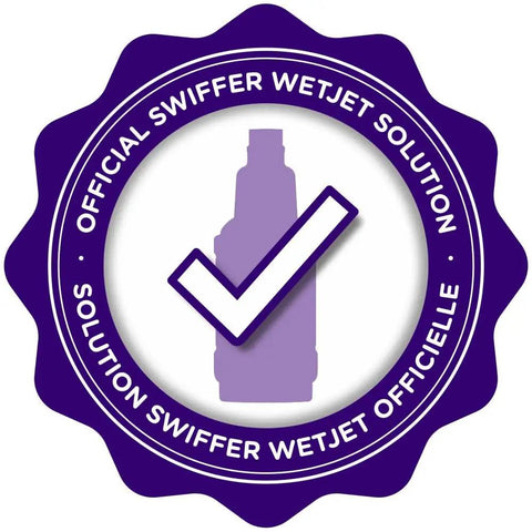 Swiffer WetJet official solution badge with bottle image, representing WetJet Multi Purpose Floor Cleaner Solution With Febreze Refill For Hardwood Floors Lavender Scent Safe For All Sealed Floors Quick Drying 1.25 Liter 42.2 Fl Oz Pack Of 2.