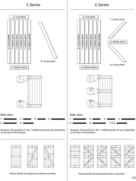 Z and K Series barn door kit installation guide with plank arrangement and side view, 36 Inch By 84 Inch DIY Solid Interior Barn Door Kit With Knotty Pine, Painted Dark Gray Finish, Includes 6 Foot Sliding Hardware, Quiet Smooth Rolling Tracks, Easy Adult Assembly, Hand Made In USA.
