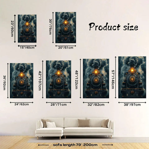 Vintage Steam Train Canvas Wall Art for Living Room Decor Retro Industrial Style Locomotive Artwork in High Definition Print on Durable Canvas Classic Old School Locomotive Home Decor 28x42 with size chart displayed above a sofa