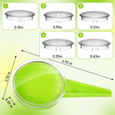 Diagram showing Mini Seed Spreader Handheld Seed Planter Tool 20 Pcs Kit With 5 Dial Settings For Small Seeds in Light Green, various settings displayed.