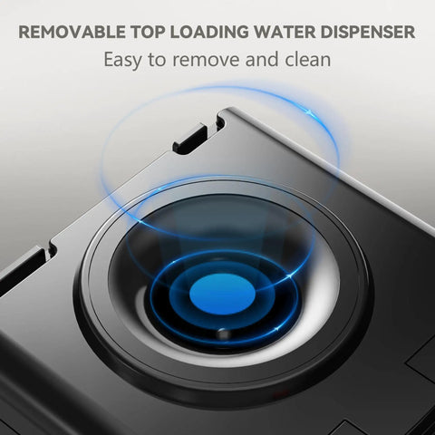 Close-up of removable top of Top Loading Hot And Cold Water Dispenser For 3 Or 5 Gallon Bottles With Kid Safe Lock Ideal Office Or Home Water Cooler.