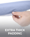 Heavy Duty Ironing Board Cover With Extra Thick Padding And Heat Reflective Silicone Coating Built Tough To Cut Your Chores Down And Keep Clothes Pristine Size 15 By 54 Inches Blue with hand showing padding