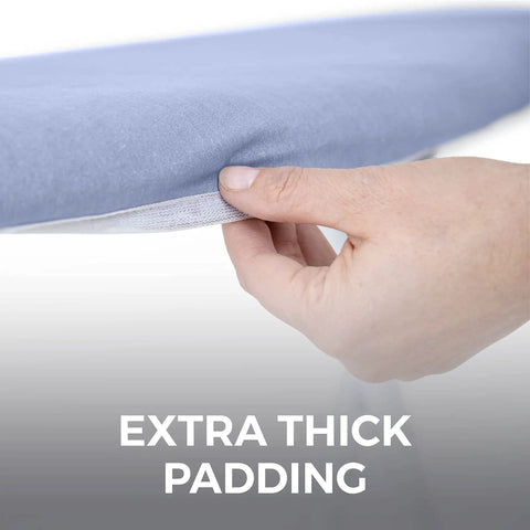 Heavy Duty Ironing Board Cover With Extra Thick Padding And Heat Reflective Silicone Coating Built Tough To Cut Your Chores Down And Keep Clothes Pristine Size 15 By 54 Inches Blue with hand showing padding
