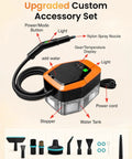 Powerful Handheld Steam Cleaner 2500W High Temp Wipes Away Grease And Grime Fast With 12 Accessories portable design with water tank and nylon spray nozzle.