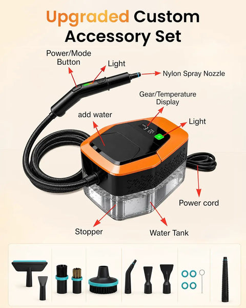 Powerful Handheld Steam Cleaner 2500W High Temp Wipes Away Grease And Grime Fast With 12 Accessories portable design with water tank and nylon spray nozzle.