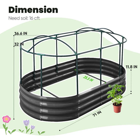 Raised Garden Bed With Clear PVC Cover, Galvanized Oval Garden Box For Outdoors extends the growing season with dimensions.
