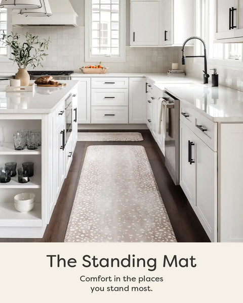 Anti Fatigue Standing Mat For Kitchen And Home Office Use With Three Quarter Inch Ergonomic Bounce Back Foam Cushioned Floor Mat For All Day Comfort While Cooking Or Standing Desk Sessions In Warm Fawn Brown 30 By 72 Inches in a kitchen setting