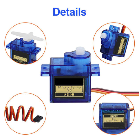 Six Pack SG90 9G Micro Servo Motors for RC Planes Helicopters Boats and Cars MG90S Compatible in detailed angle view