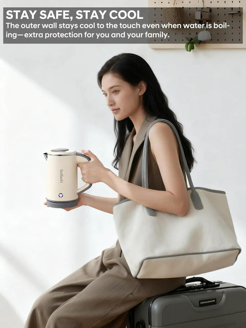 Woman holding On The Go Grab And Go Portable Electric Kettle 24oz Mini Travel Kettle For Camping And Office, beige color.
