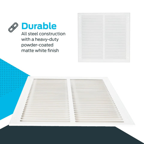 16 By 16 Inch Return Air Vent Cover For Wall Or Ceiling, Solid Steel Grille With Fixed Vanes Directing Airflow, HVAC Vent Cover In White Finish