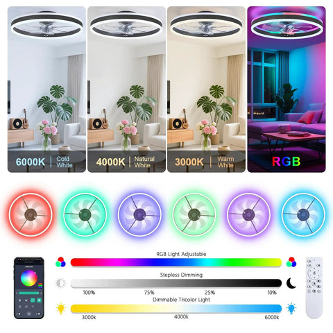 Slick Low Profile Ceiling Fan With Rgb Lights And Ultra Quiet Motor No Sweat Setup For Compact Rooms Black Flush Mount showcasing RGB lighting options.