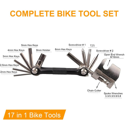17 In 1 Bike Multi Tool Kit With Chain Breaker Ergonomic And Beefy Lightweight MTB Repair Kit featuring hex keys, wrenches, and drivers