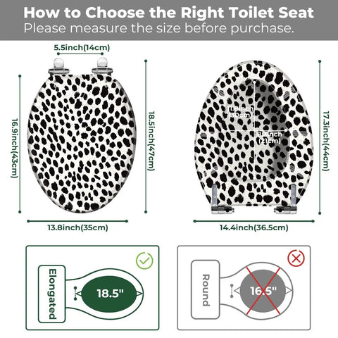 Elongated Resin Toilet Seat for Bathroom measurement guide showing dimensions and compatibility for installation.