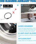 Image showing auxiliary tools including a 23.6 inch flexible lint grabber, anti-slip gloves, and flashlight for deep cleaning.