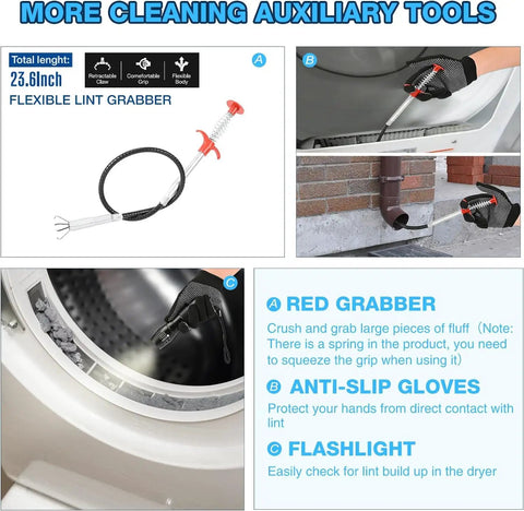 Image showing auxiliary tools including a 23.6 inch flexible lint grabber, anti-slip gloves, and flashlight for deep cleaning.